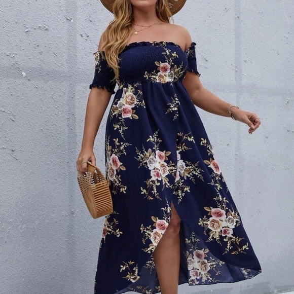 Boho Plus Floral Print Off Shoulder Cottagecore Dress - Picture 5 of 14